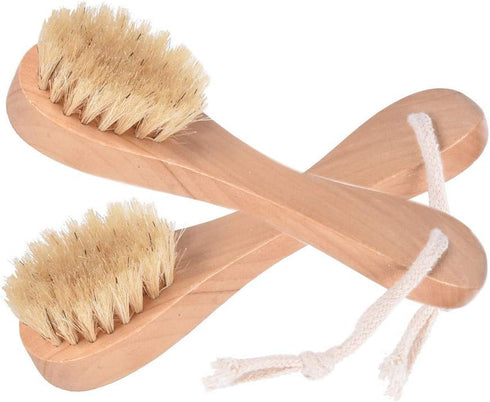 Natural Bristles Wooden Face Cleaning Brush, Wood Handle Facial Cleanser, Exfoliating Skin Care Pack of 2