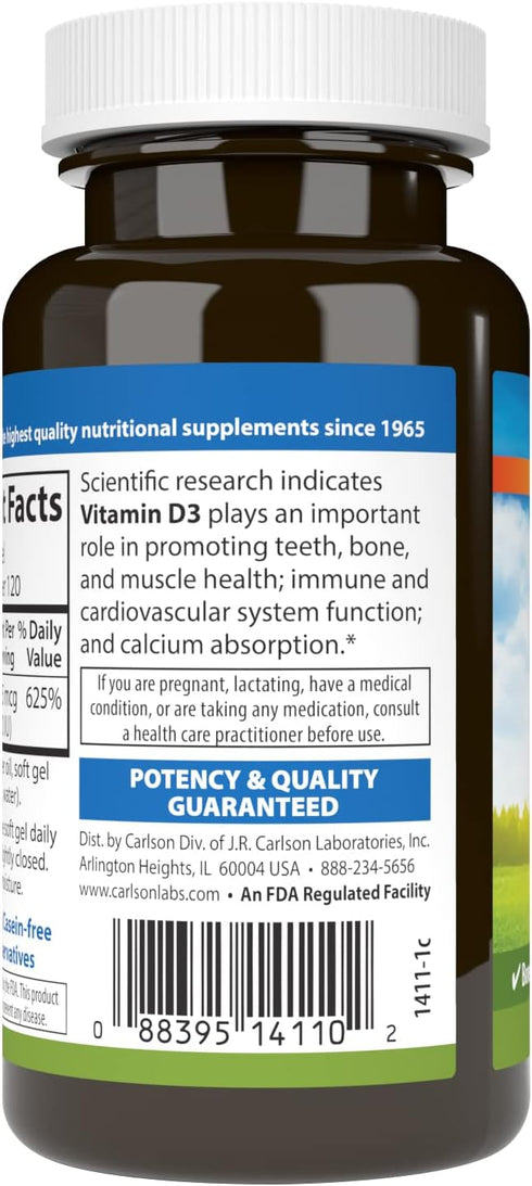 Carlson Vitamin D3 5000 IU - 120 Softgels for Bone and Muscle Health