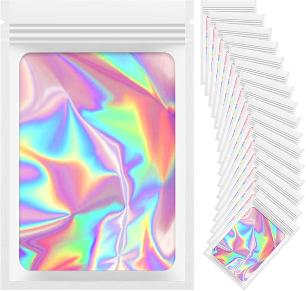 100 Pieces Resealable Mylar Bags, Small Holographic Smell Proof Packaging Bags for Food/Jewelry/Eyelash (White, 4.7x7.8