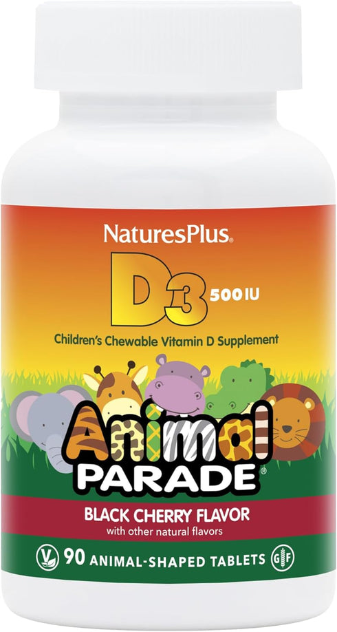 Natures Plus Animal Parade Vitamin D3 Children’s Chewables - Black Cherry Flavor - 90 Tablets, Pack of 2 - Gluten Free