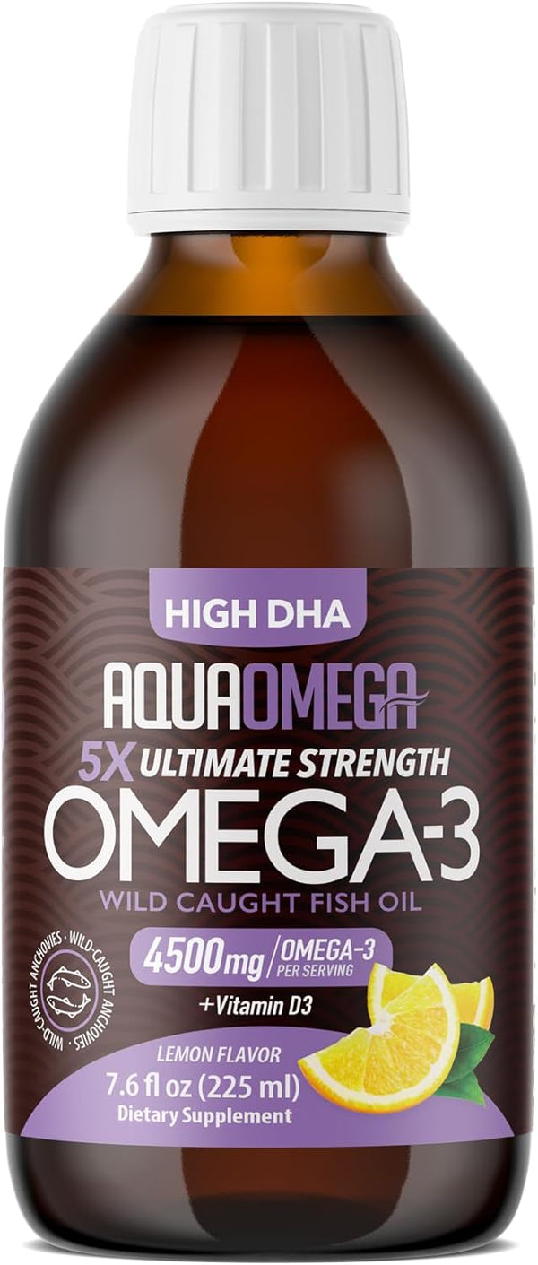 5X Ultimate Strength High DHA Omega-3 Liquid with EPA & Vitamin D - Wild Caught Omega 3 Fish Oil Supplements - 7.60 Fl