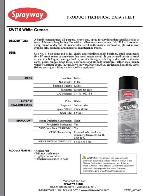 SW715 11 oz Sprayway Industrial White Grease Lubricant