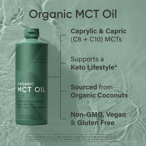 Sports Research Organic MCT Oil - Keto & Vegan C8, C10 from Coconuts, Flavorless Oil, 32 oz for Coffee & Shakes