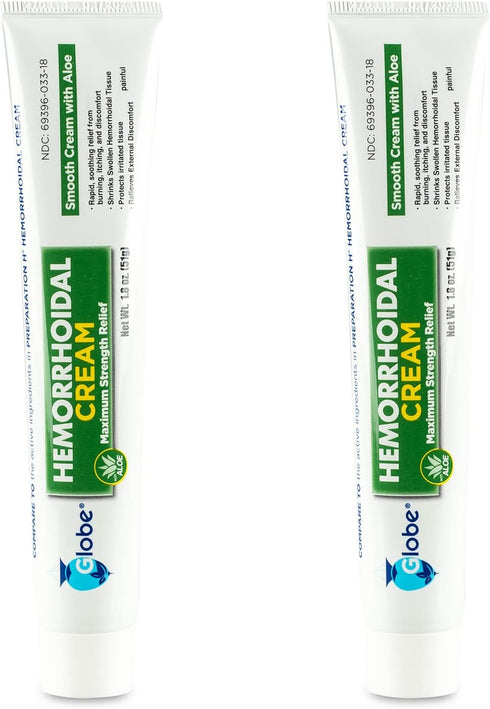 Globe Hemorrhoid Cream (2 Pack, 1.8 Ounce Tube) with Aloe for Relief from Hemorrhoids, Itching, Burning, Discomfort