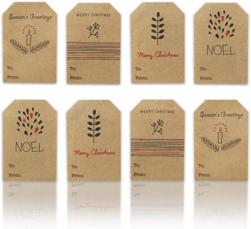 Boho Christmas Gift Tag Adhesive Stickers – 2 x 3 Inch Labels, Roll of 100 with Minimalist Designs, Made in USA