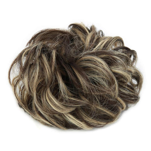 MORICA 1PCS Messy Hair Bun Extension, Curly Wavy Synthetic Chignon Hairpieces for Women (Dark Brown & Ash Blonde)