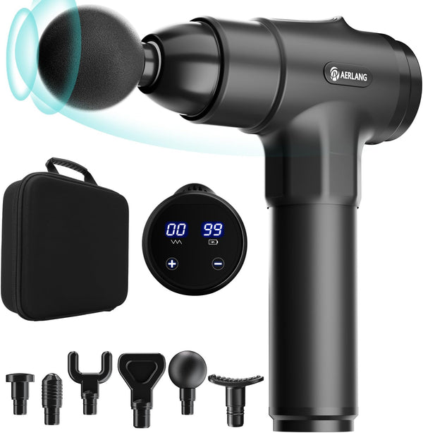 AERLANG Massage Gun for Athletes, Deep Tissue Muscle Back Massage, Percussion Massager with 6 Heads & 20 Speed, Carry