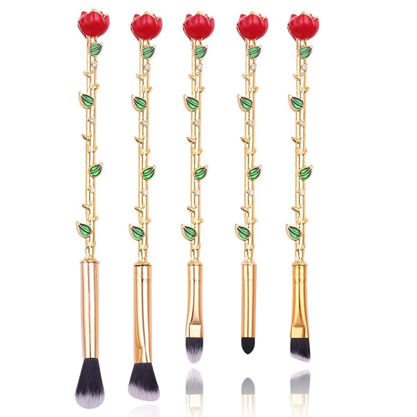 Rose Eye Makeup Brush Set - 5pcs Wand Brushes with Soft Synthetic Fiber for Eyebrow, Eyeshadow, Foundation, Gold