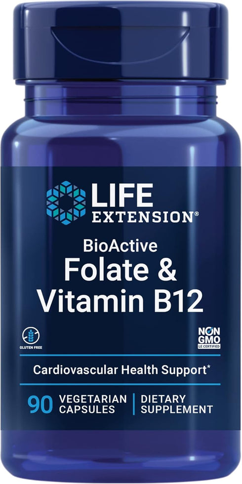 Life Extension BioActive Folate & Vitamin B12 | 90 Capsules | Promotes Heart, Brain & GI Tract Health