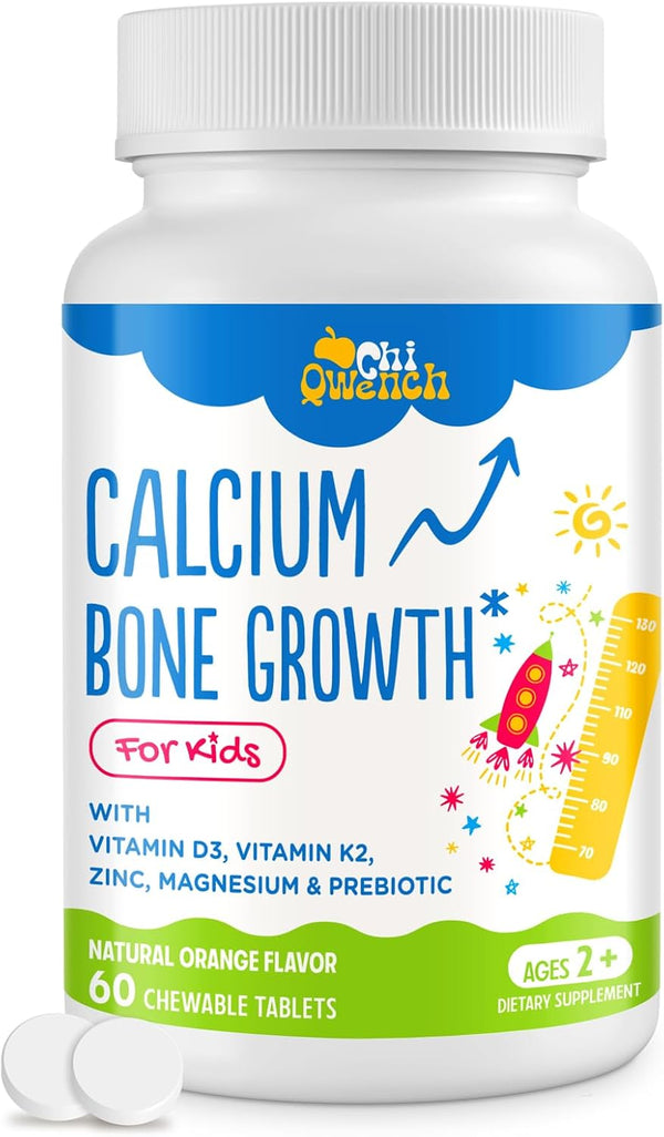 500 MG Calcium Supplement with Vitamin D3 & K2, Zinc, Magnesium & Prebiotics - Kids Vitamins for Bone Strength, 60 Tabs
