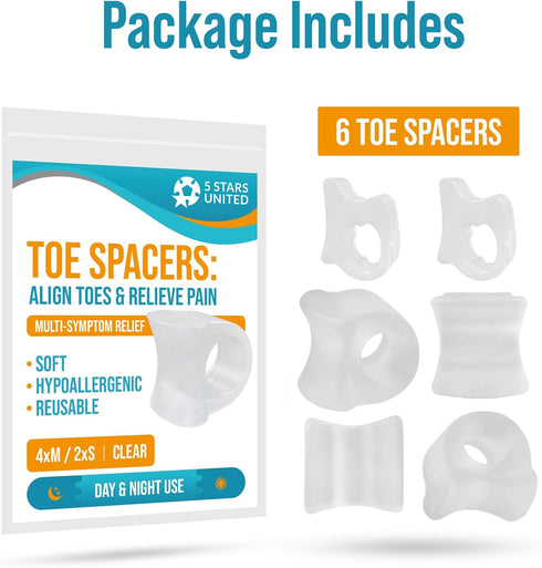 5 STARS UNITED Toe Spacers for Men & Women, 4 Big and 2 Pinky Gel Separators for Overlapping Toes, Clear