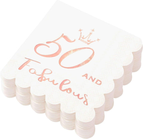 50 and Fabulous Cocktail Napkins - Rose Gold, 50th Birthday Decorations for Women, Folded 5x5 Inches Disposable Party