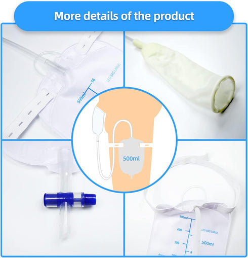 Set, 1 1 7 (40mm/1.58inch) Latex Condom Catheter External self-Sealing Premium Leg Bag tubing, Premium Urine Bag
