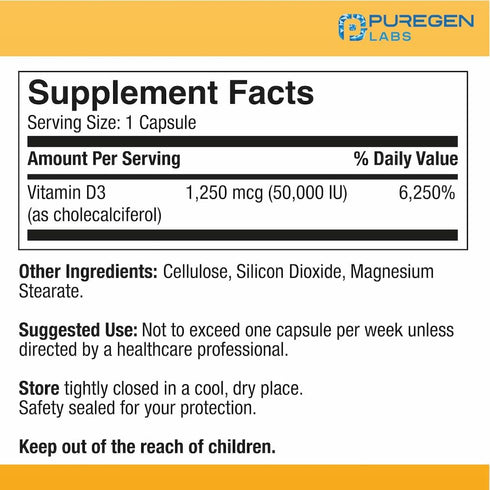 Puregen Labs Vitamin D3 50,000 IU (1250 mcg) 100 Weeks Supply for Healthy Muscle Function, and Immune Support, Non-GMO, Gluten Free 100 Vegetable Capsules