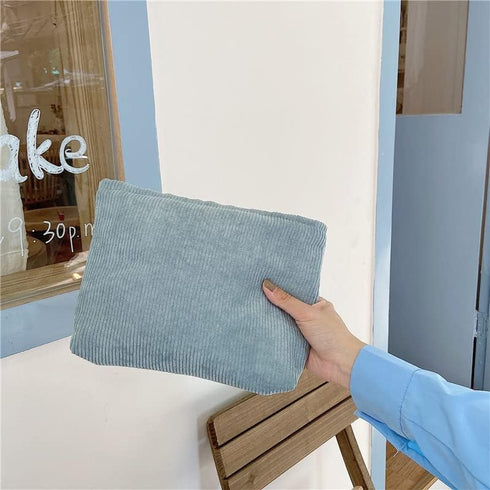 Large Zipper Corduroy Makeup Bag for Women, Travel Canvas Cosmetic Organizer, Brush Storage, Blue