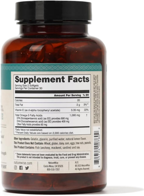 NatureWise Extra-Strength Omega 3 Fish Oil Supplement, 1000mg, 60 Softgels, 600 EPA & 400 DHA, Heart & Brain Health