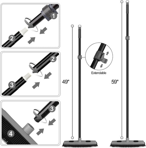 Pet Hair Removal Rubber Broom with Squeegee, 59" Telescoping Handle Carpet Rake for Pet Hair