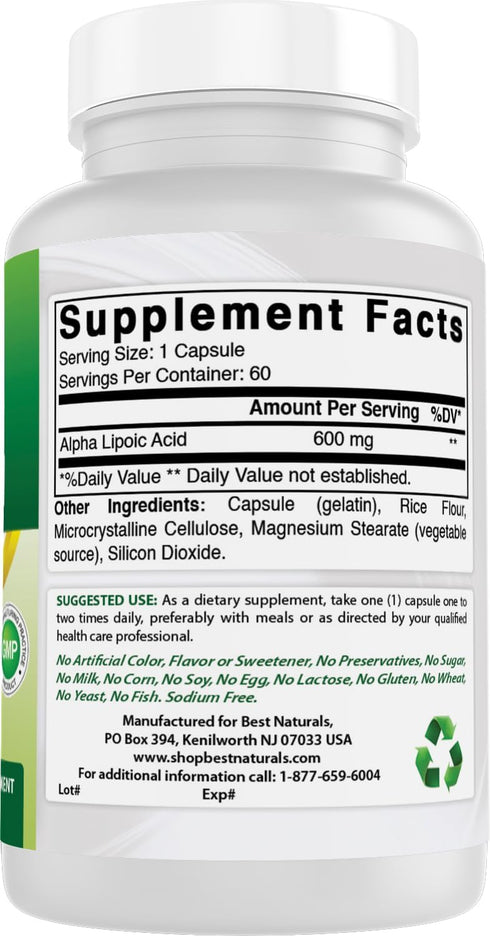 Best Naturals Alpha Lipoic Acid 600 mg - 60 Capsules - ALA Powerful Antioxidant