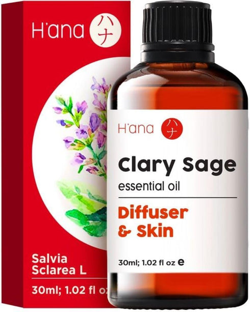 H’ana Clary Sage Essential Oil - 100% Natural for Diffuser, Skin, Hair & Aromatherapy 1 fl oz