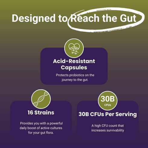 NutriZing Vegan Probiotics for Digestive Health - 30 Billion CFU & 16 Strains, Delayed Release Supplement for Men &