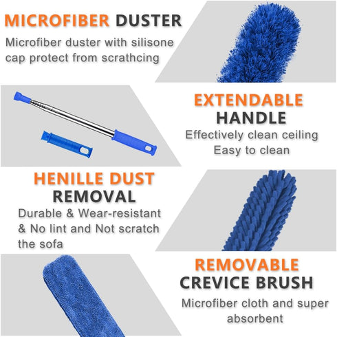 Microfiber Feather Duster, 7PCS Washable Dusters with 100" Extension Long Pole for High Ceiling Cleaning