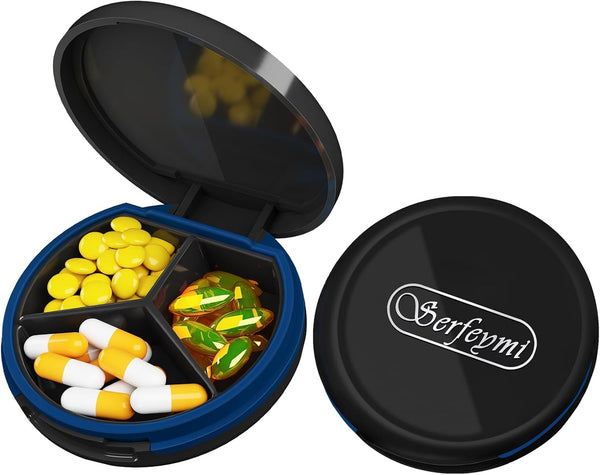 Serfeymi 3 Compartment Waterproof Cute Small Pill Box, Travel Portable Multifunctional Case Holder for Vitamins, Fish