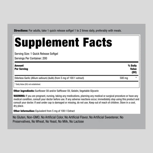 Piping Rock Odorless Garlic Softgels | 500mg | 200 Pills | Herbal Extract Supplement | Odor-Free, Non-GMO, Gluten Free