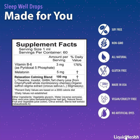 LIQUIDHEALTH Sleep Well Natural Sleep Aid Melatonin Drops, 2 oz, Vegan, Sugar-Free, Drug Free
