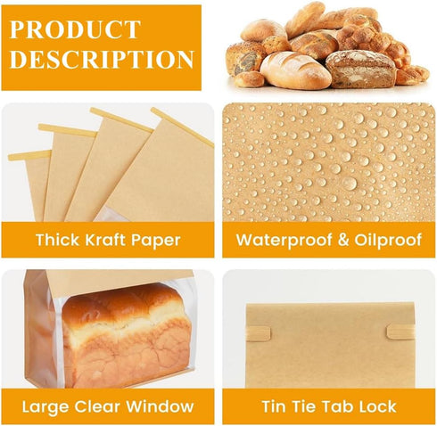 NatureMan 50 Pack Window,11x8.7x3.9inch Packaging (50, Bakery Bags with Resealable Brown Kraft Paper Bread Storage Bags