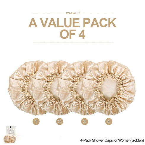 Shower Cap for Women, Extra Large Reusable Shower Cap for Men (Golden 4 Pack) Waterproof Long Hair Satin Double Layer