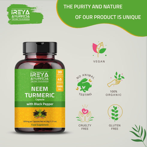 Neem Turmeric Capsules, 90 Capsules 1000mg, Neem Black Pepper Turmeric Supplement