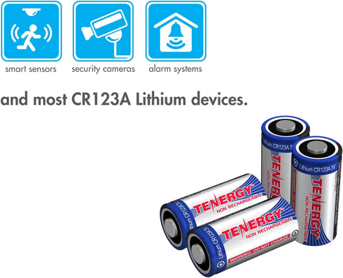 Tenergy 3V CR123A CR123A 4 Pack Lithium Battery, High Performance Cell Batteries PTC Protected for Smart Sensors