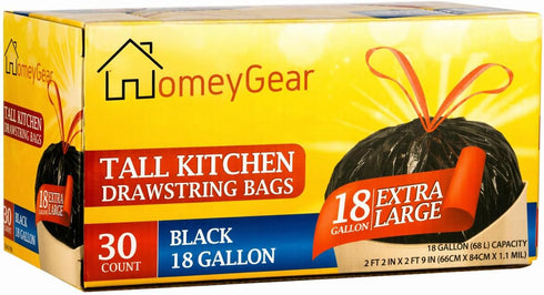 HomeyGear Strong Large 18 Gallon Drawstring Trash Bags Black Can Liners Kitchen Garbage