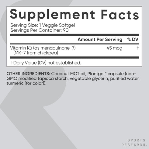 Sports Research Vitamin K2 as MK-7 45mcg with Coconut MCT Oil - 90 Veggie Softgels