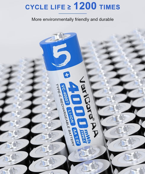 VariCore 4000mWh 4 1.5V 1200 Rechargeable AA Batteries USB C PCS, USB AA Lithium-ion Batteries,USB C AA Battery,Long