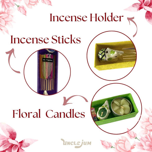 Set 5 Set of Aromatherapy Gift with Incense Holder, Incense Sticks & Floral Candles Relaxation & Meditation Kit