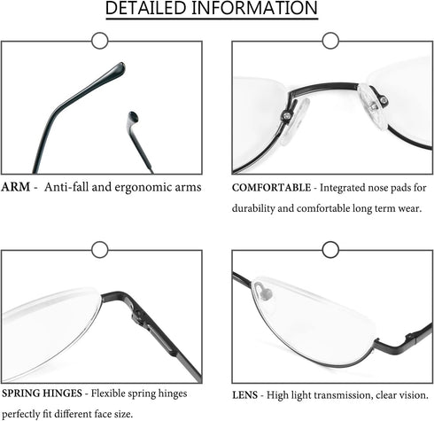 REAVEE 3 Pack Half Frame Retro Designer Alloy Reading Glasses for Women Men with Pouch, Red Gold Silver, 2.25