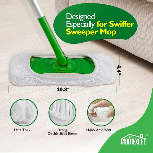 HOMEXCEL Reusable Microfiber Mop Pads for Swiffer Sweeper, Wet & Dry Use, Pack of 4, White