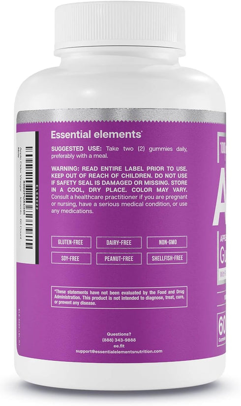 Essential Elements Apple Cider Vinegar Gummies - Vegan ACV with Folic Acid & Vitamin B6 & B12, 60 Count