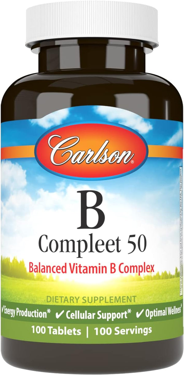 Carlson - B Compleet 50, Balanced Vitamin B Complex, 100 Tablets for Energy Production & Cellular Support