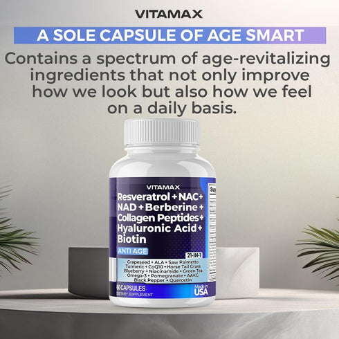 Vitamax Resveratrol NAD+ Berberine Hyaluronic Acid - Collagen Peptides for Hair, Nail, Skin & Joint - 120 Count