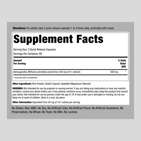 Piping Rock Ashwagandha Supplement | 920 mg | 120 Capsules | Root Extract Supplement | Non-GMO, Gluten Free