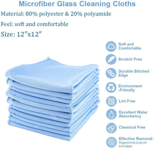 Microfiber Glass Detailing Cleaning Cloths - 10 Pack (12" x 12") - Streak Free, Lint Free for Windows, Mirrors, Screens