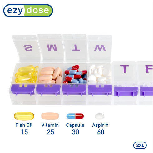 EZY DOSE Weekly Pill Case, 7-Day Medicine Planner, 2X-Large Vitamin Organizer Box, Color May Vary