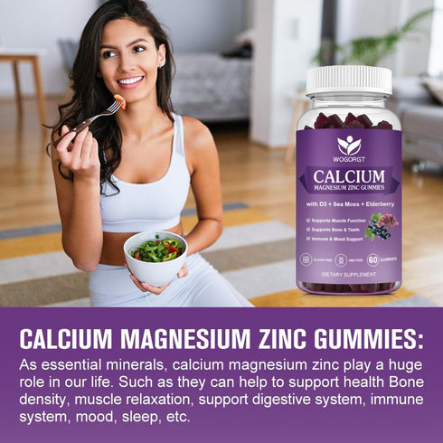 Calcium Magnesium Zinc Gummies with Vitamin D3, High Absorption Complex Supplement with Sea Moss & Elderberry, 60