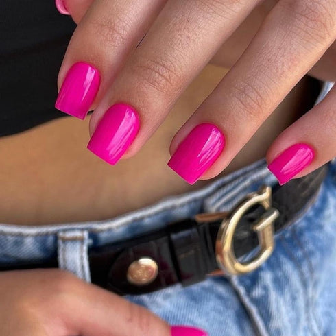 Neon Pink Press on Nails, Short Square Natural Gel Nails, 48Pcs Thick Reusable Fake Nails for Women