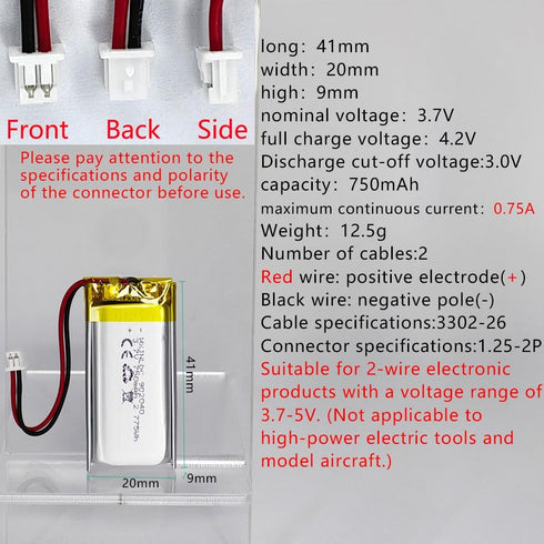 HXJNLDC 3.7V 750mAh 902040 3.7-5V 2-Wire DC Rechargeable Lithium Polymer Battery, Suitable for DIY Electronic Products