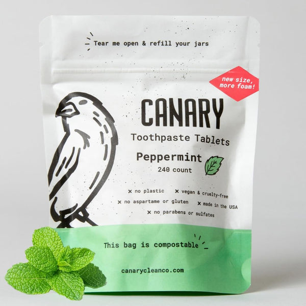 Canary Toothpaste Tablets Peppermint, Chewable Nano-Hydroxyapatite Teeth Cleaning Tablet, Zero Waste, 240 Count