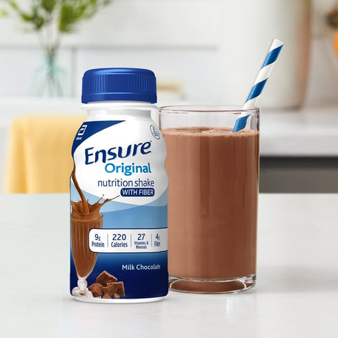 Ensure Original Milk Chocolate Nutrition Shake with Fiber, Meal Replacement, 9g Protein, 27 Vitamins, 8 fl oz - 24 Pack