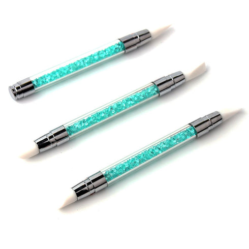 WOKOTO 3 Pcs Set Silicone Nail Art Acrylic Pen Brushes - 2 Ways, Blue Rhinestones Design, Sculpture Carving Brush